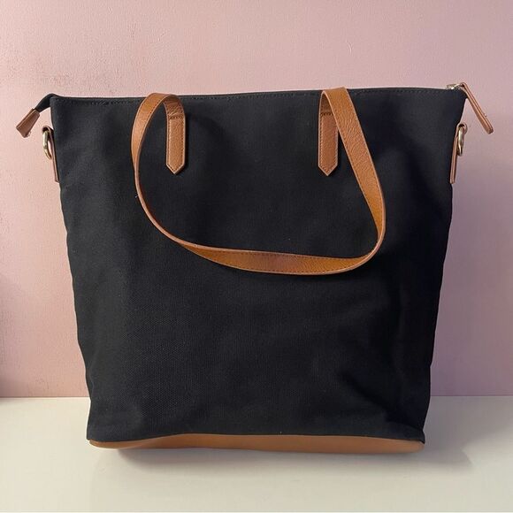 Forever 21 Black Canvas & Cognac Brown Faux Leather Tote Bag GUC - Picture 1 of 6